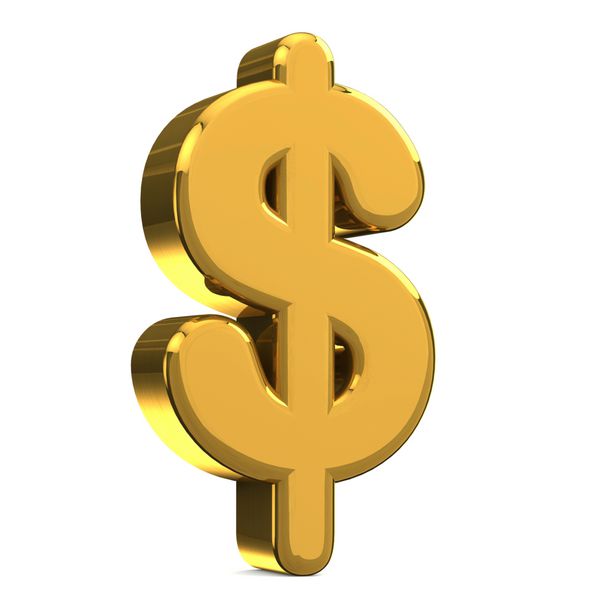 نماد دلار در فلز طلا بر روی پس‌زمینه جدا شده از وزن