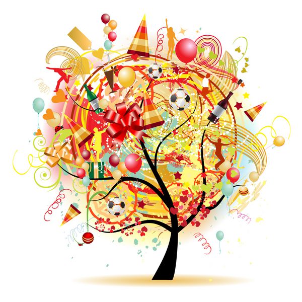 جشن مبارک درخت خنده دار با نمادهای تعطیلات