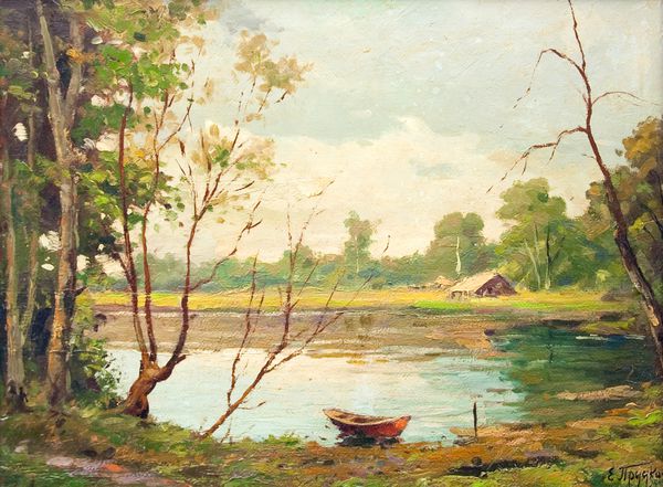 نقاشی رنگ روغن که منظره جنگلی زیبا را با قایق دریاچه و خانه کوچک نشان می دهد