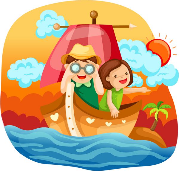 تصویر منظره دو بچه در حال قایقرانی در دریا