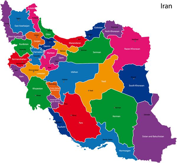 نقشه جمهوری اسلامی ایران با استان های رنگارنگ با رنگ های روشن