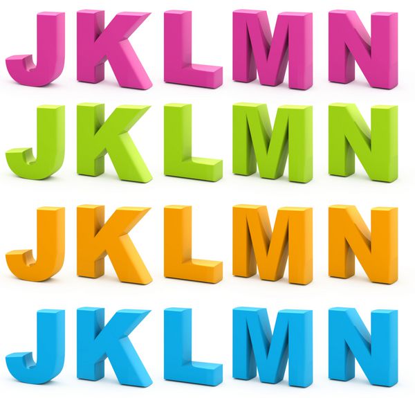 الفبای رنگارنگ مجموعه ای از حروف سه بعدی جدا شده روی سفید قسمت 3 از 6