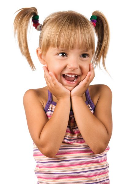 پرتره بچه عاطفی دختر کوچک خنده دار جدا شده در پس زمینه سفید مدل زیبای قفقازی