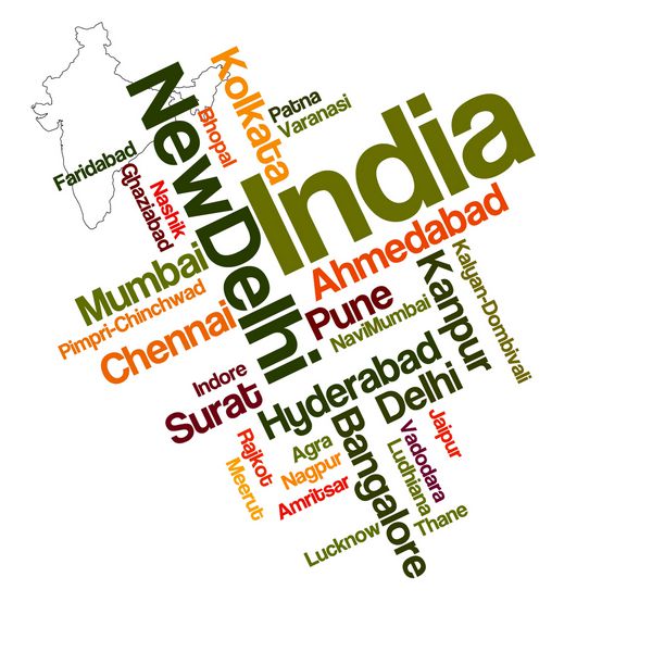 نقشه هند و ابر کلمات با شهرهای بزرگتر