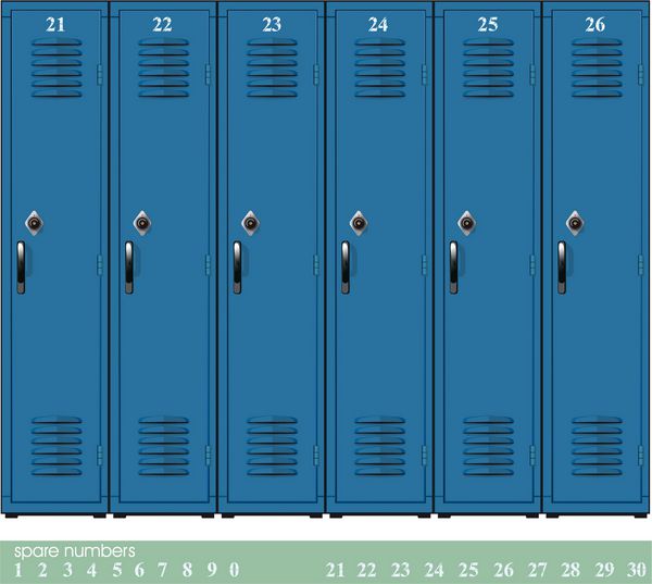 کمدهای مدرسه آبی خالی با قفل های ترکیبی و اعداد یدکی