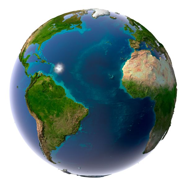 زمین با آب شفاف در اقیانوس ها و توپوگرافی دقیق قاره ها