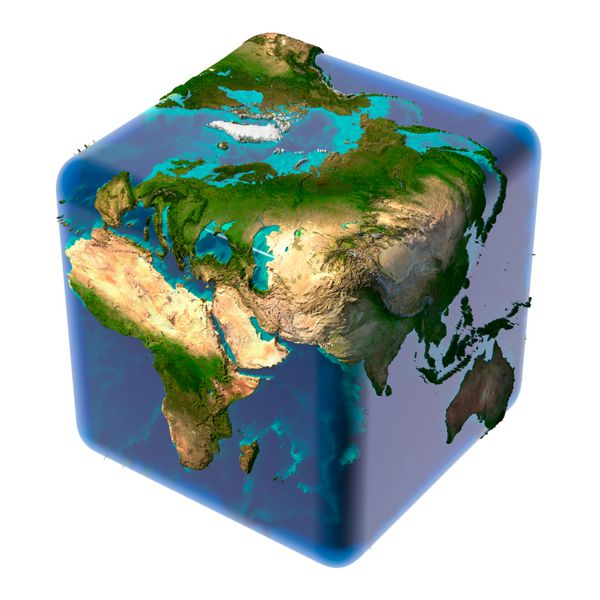 زمین به صورت مکعبی با بدنه آبی شفاف و نقشه برجسته دقیق قاره ها و کف اقیانوس