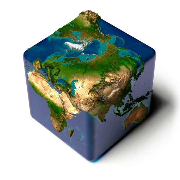 زمین به صورت مکعبی با سایه با آب شفاف نقشه برجسته دقیق از قاره ها و اقیانوس ها