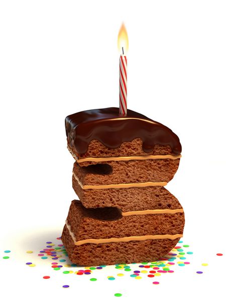 کیک تولد شکلاتی شماره سه با شمع روشن و کنفتی