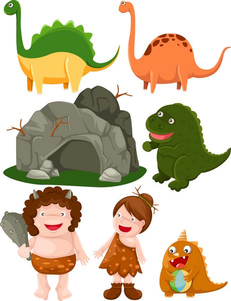 تصویر مجموعه ای جدا شده از دایناسورها و غارنشین روی سفید