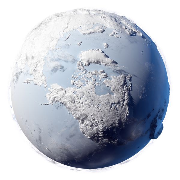 سیاره زمستانی زمین - پوشیده از برف و سیاره یخی با زمین دقیق واقعی سایه های نرم و ابرهای حجمی در پس زمینه سفید