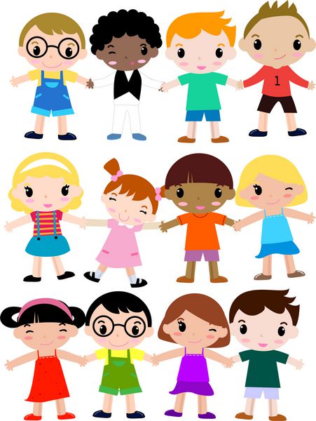 گروهی از کودکان رنگارنگ با لباس های رنگارنگ از نظر قومیتی متنوع