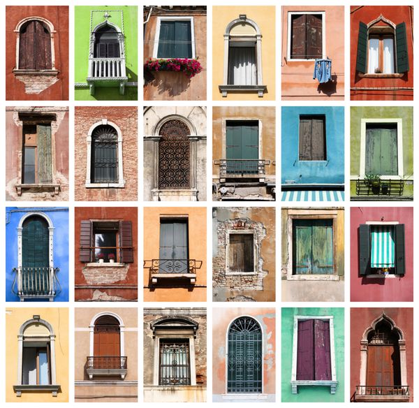 کلاژ رنگارنگ ساخته شده از پنجره های ونیز ایتالیا