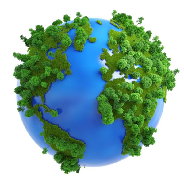 مفهوم سیاره سبز جدا شده با چمن سبز و درختان در قاره ها و آبی در اقیانوس ها