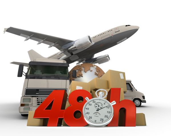 رندر سه بعدی از نقشه جهان بسته های ون کامیون و هواپیما با عبارت 48 ساعت و کرونومتر