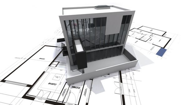 رندر سه بعدی از یک ساختمان طراحی مدرن در بالای نقشه ها
