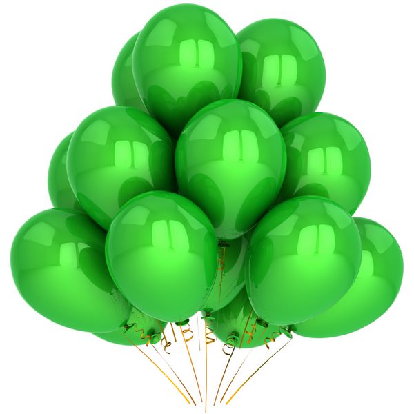 بادکنک های مهمانی به رنگ سبز مفهوم زیبای تزیین تولد این یک رندر سه بعدی دقیق Hi-Res است جدا شده در زمینه سفید