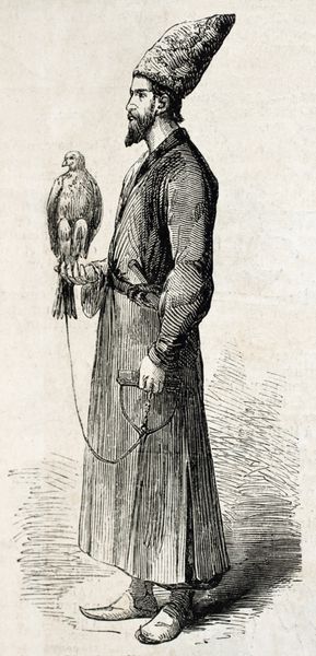 تصویر عتیقه یک شاهین با شاهین خود در اصفهان ایران تصویر اصلی حکاکی شده بر روی طراحی E Duhousset در LIllustration Journal Universel پاریس 1860 منتشر شد
