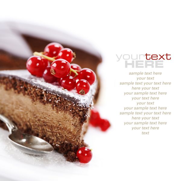 تکه ای از کیک شکلاتی خوشمزه روی سفید متن نمونه قابل جابجایی آسان
