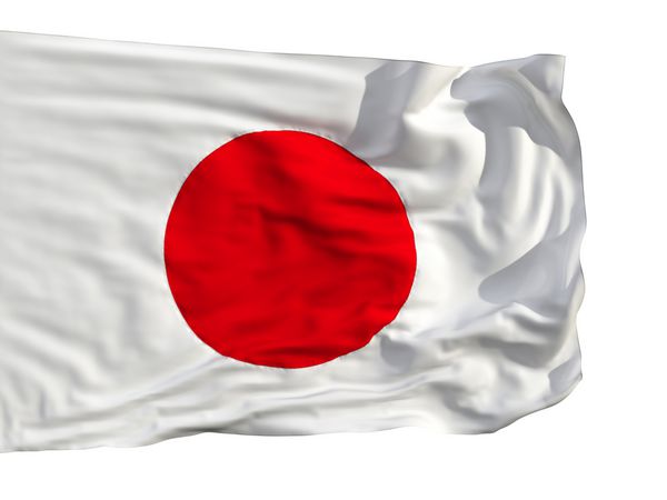 پرچم ژاپن در باد به اهتزاز در آمد دوخته شده از تکه های پارچه پرچم هایی با جزئیات بسیار واقعی که در باد به اهتزاز در می آیند با بافت مواد جدا شده روی پس زمینه سفید