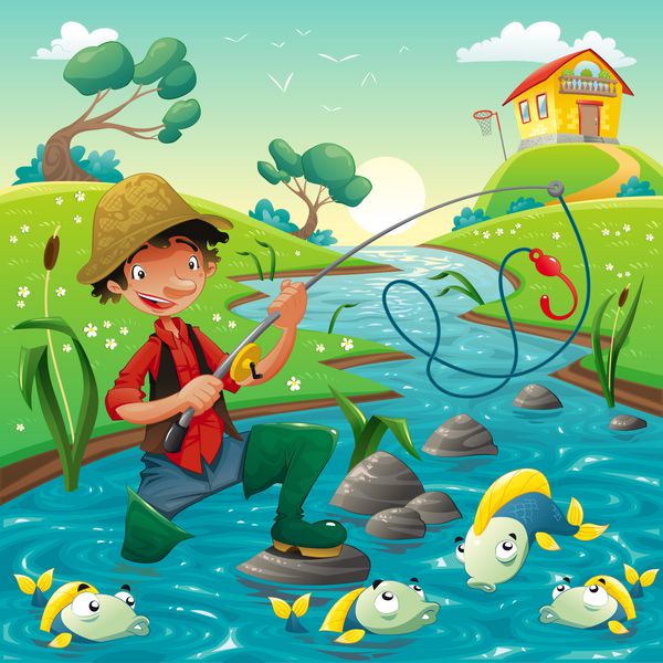 صحنه کارتونی با ماهیگیر و ماهی وکتور اشیاء جدا شده