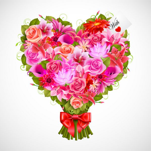 پوزی قلب شکل از گل های لطیف با پاپیون قرمز