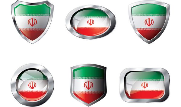 مجموعه دکمه های براق و سپر پرچم ایران با قاب فلزی - وکتور شی انتزاعی جدا شده در برابر پس زمینه سفید