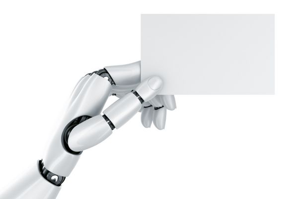 رندر سه بعدی دست رباتی که علامتی خالی در دست دارد