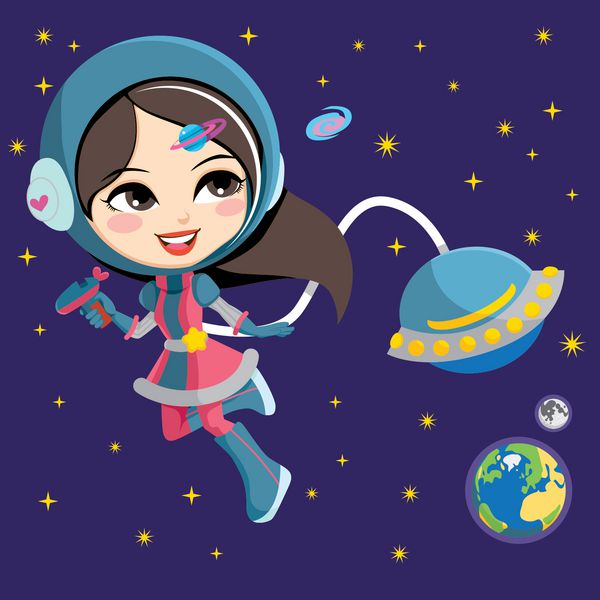 دختر شیک پوش فضانورد زیبا در حال کاوش در فضا از کشتی پرنده خود که به دور زمین می چرخد