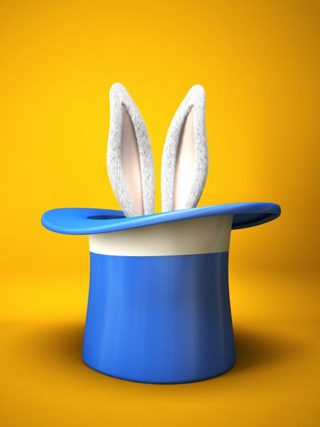 کلاه بالای آبی با گوش های خرگوش جدا شده در پس زمینه زرد سه بعدی