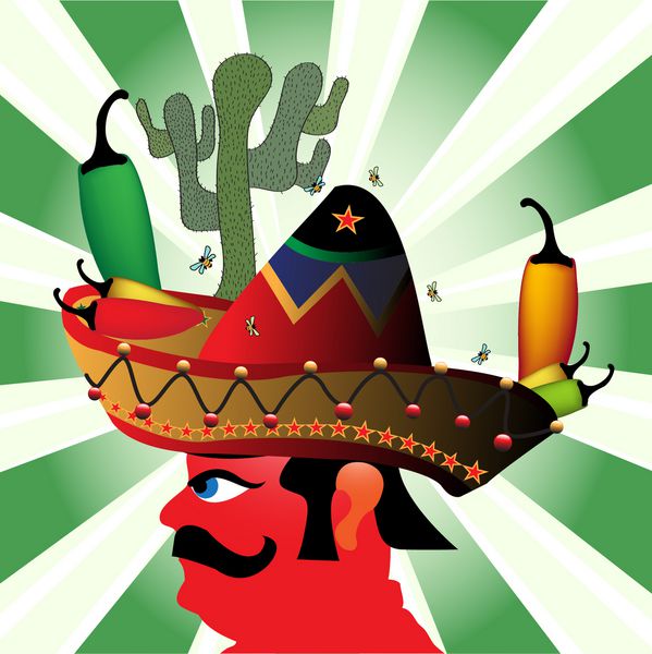 تصویر رنگارنگ انتزاعی با سومبررو مکزیکی تزئین شده با کاکتوس و فلفل دلمه ای داغ