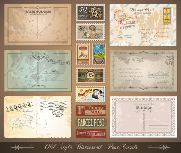 کارت پستال های پریشان به سبک قدیمی با تعداد زیادی تمبر پستی با طرح های قدیمی مهر لاستیکی و برچسب پست درجه یک گنجانده شده است