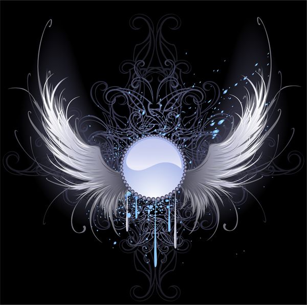 بنر گرد آبی با بال‌های فرشته سفید نقاشی شده روی پس‌زمینه مشکی تزئین شده با طرح و رنگ آبی