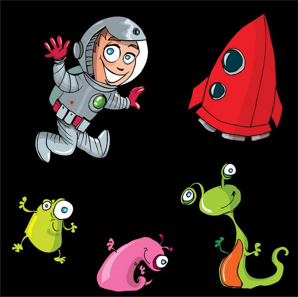 فضانورد پسر کارتونی با سفینه فضایی خود و چند بیگانه
