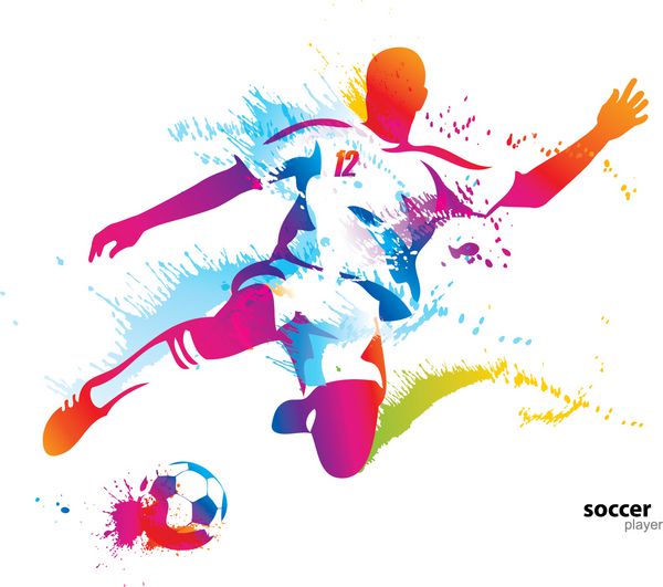 بازیکن فوتبال به توپ ضربه می زند وکتور رنگارنگ با قطره و اسپری