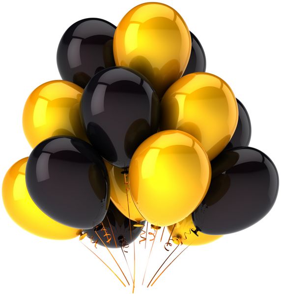 بادکنک های مهمانی زرد بادکنک سیاه کنتراست تزیین تولد مبارک متفاوت مفهوم کارت تبریک سالگرد فارغ التحصیلی به مناسبت رویدادهای زندگی رندر سه بعدی جدا شده در پس زمینه سفید