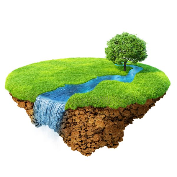 منظره طبیعی ایده آل چمن با رودخانه آبشار و یک درخت جزیره ای فانتزی در هوا جدا شده زمین با جزئیات در پایه مفهوم موفقیت و شادی سبک زندگی بوم‌شناختی