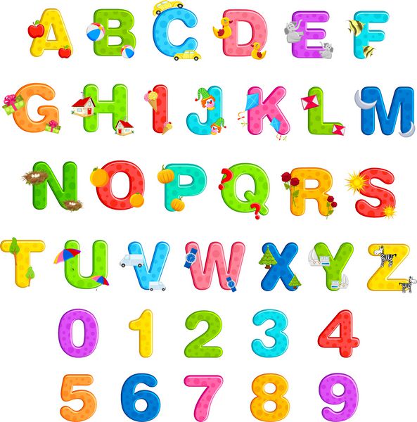 تصویر مجموعه حروف الفبا با اشیاء مرتبط و شماره در پس‌زمینه مجزا