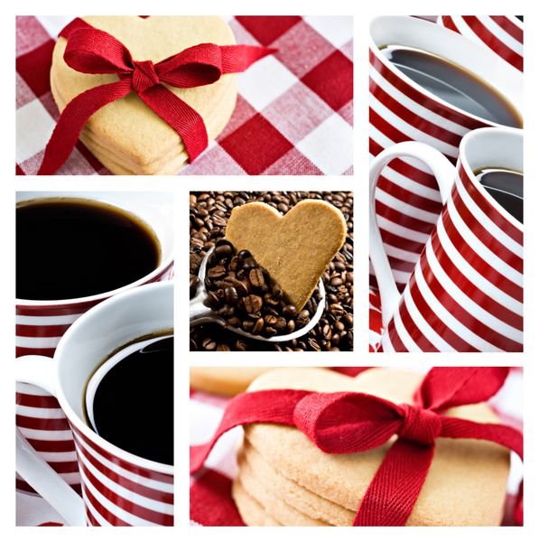 کلاژ قهوه و کوکی های قلبی شکل