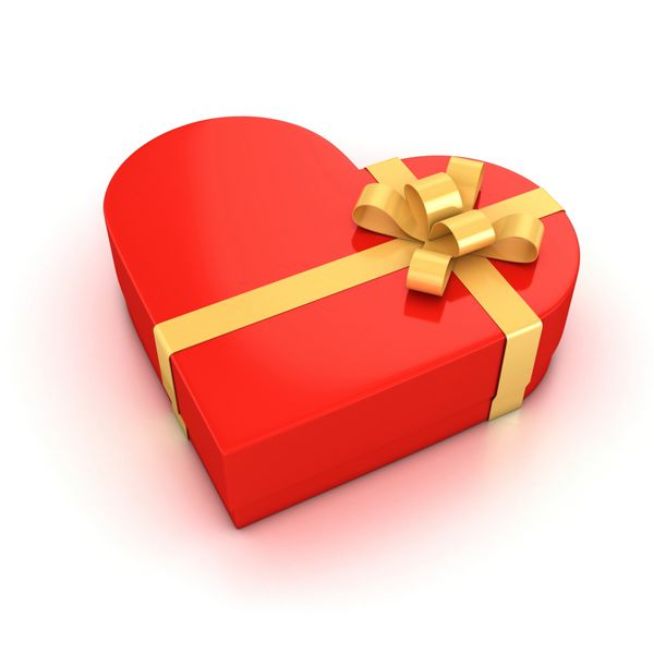 جعبه هدیه به شکل قلب قرمز روی تصویر سه بعدی پس زمینه سفید