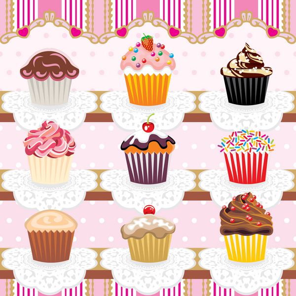 الگوی بدون درز کاپ کیک های زیبا مجموعه 9 کاپ کیک رنگارنگ در یک صفحه نمایش دوست داشتنی آن را با هم کاشی کنید و یک الگوی بدون درز وجود دارد که می توانید به دلخواه از آن استفاده کنید کیک های کوچک نیز می توانند به عنوان نمادهای فردی استفاده شوند