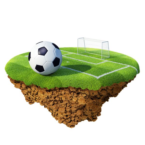 توپ فوتبال در زمین محوطه جریمه و گل بر اساس سیاره کوچک مفهومی برای قهرمانی فوتبال لیگ طراحی تیم جزیره کوچک