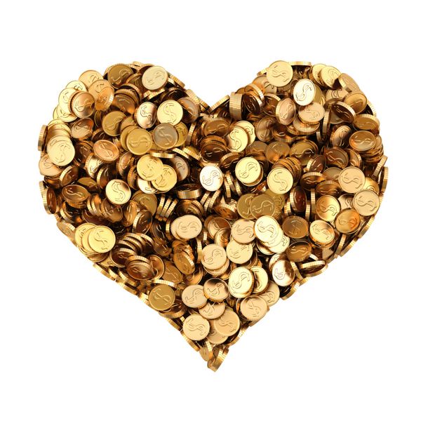 توده ای از سکه های طلا به شکل قلب جدا شده روی سفید