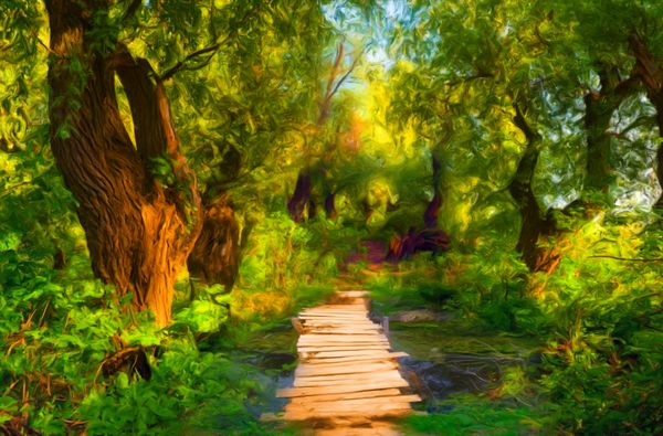 نقاشی منظره پل چوبی کوچکی را نشان می‌دهد که از رودخانه کوچک و از میان جنگل عبور می‌کند