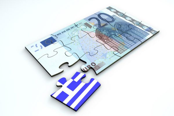 اسکناس 20 یورویی از بالا به صورت پازل - یک تکه جداگانه - تکه اضافی با یونان