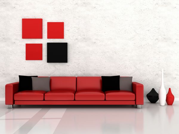فضای داخلی اتاق مدرن دیوار سفید و مبل قرمز