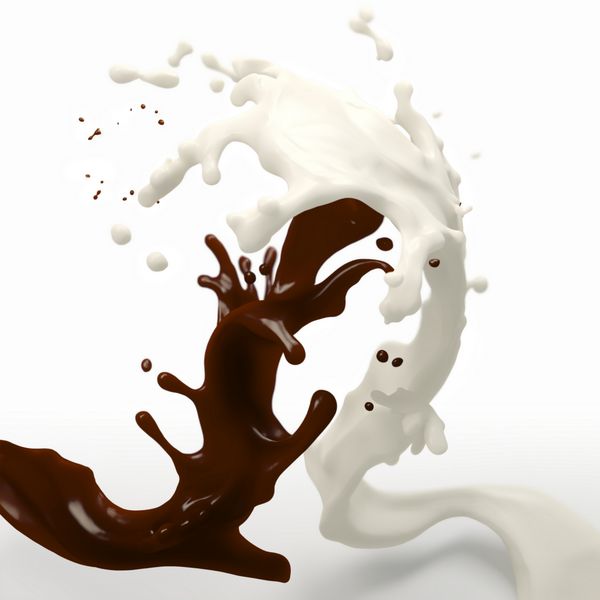 شکلات قهوه‌ای قهوه‌ای و پاشش شیر خامه‌ای سفید به سمت یکدیگر حرکت می‌کنند