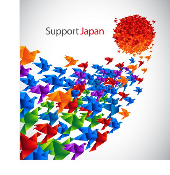 هنر اجتماعی ژاپن - پرندگان اوریگامی با طراحی از پرچم ژاپن به خورشید پرواز می کنند