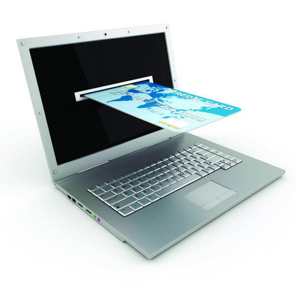 لپ تاپ سه بعدی و کارت اعتباری مفهوم تجارت الکترونیک