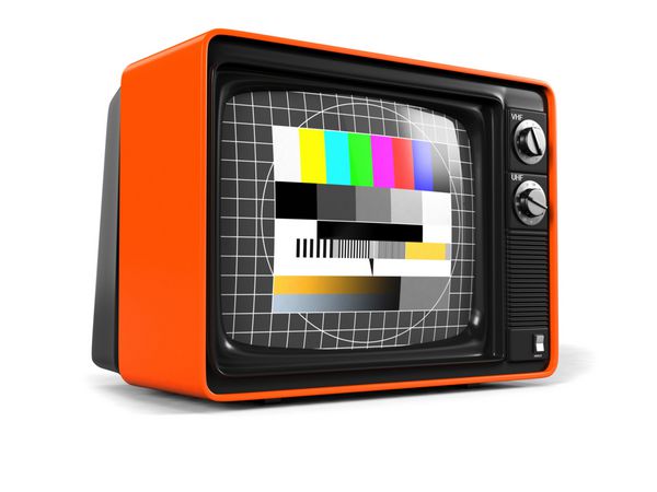 تلویزیون رترو طرح کلاسیک با پوسته پلاستیکی نارنجی و صفحه نمایش تصویر آزمایشی